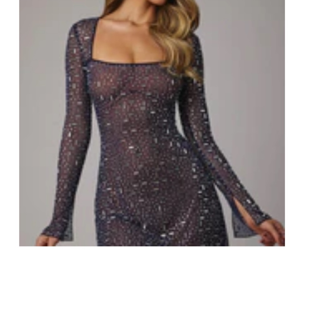 Oh Polly Navy Sheer Glitter Long Sleeve Bodycon Dress